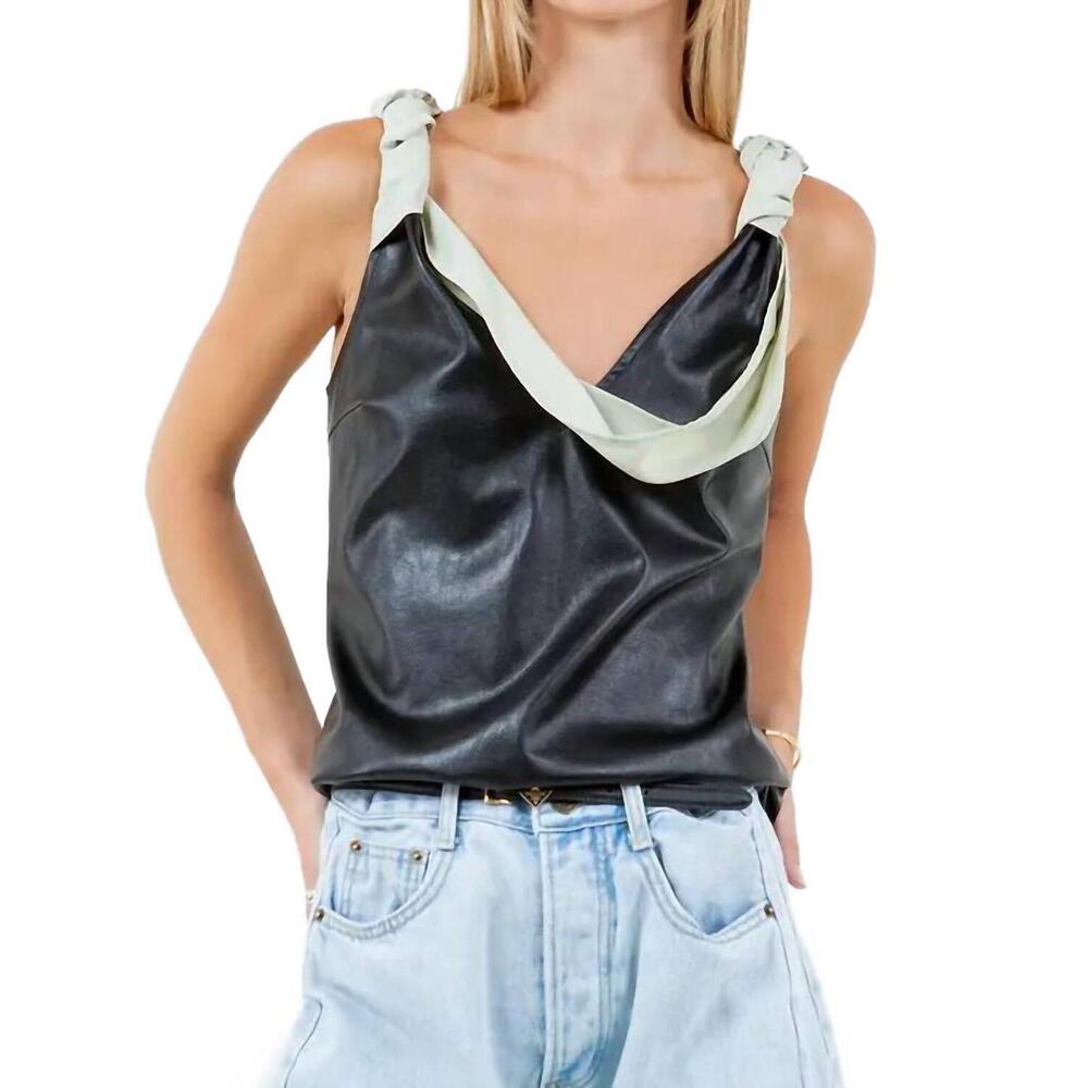 NEW WHITEROOM+CACTUS contrast drape pu tank top in black/sage